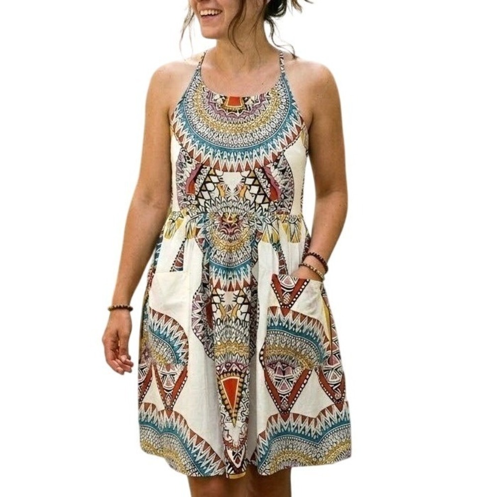 Sz 6 Women Signature by Robbie‎ Bee Dress Boho Artsy Aztec Fit Flare Dress Midi